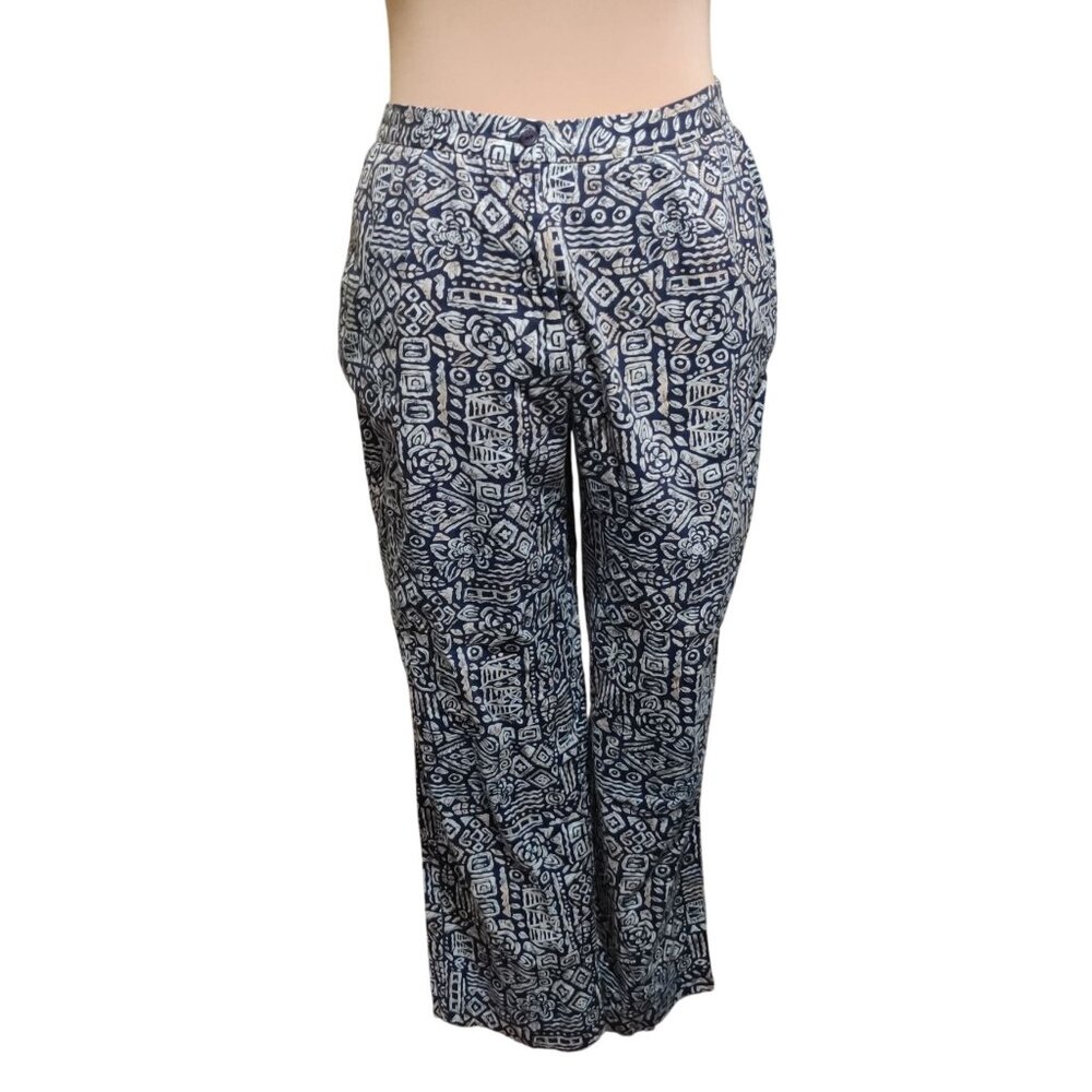 Appleseeds 14 Navy Tan Tribal Print Cotton Pants Tiki Oasis Lounge Boho Coastal